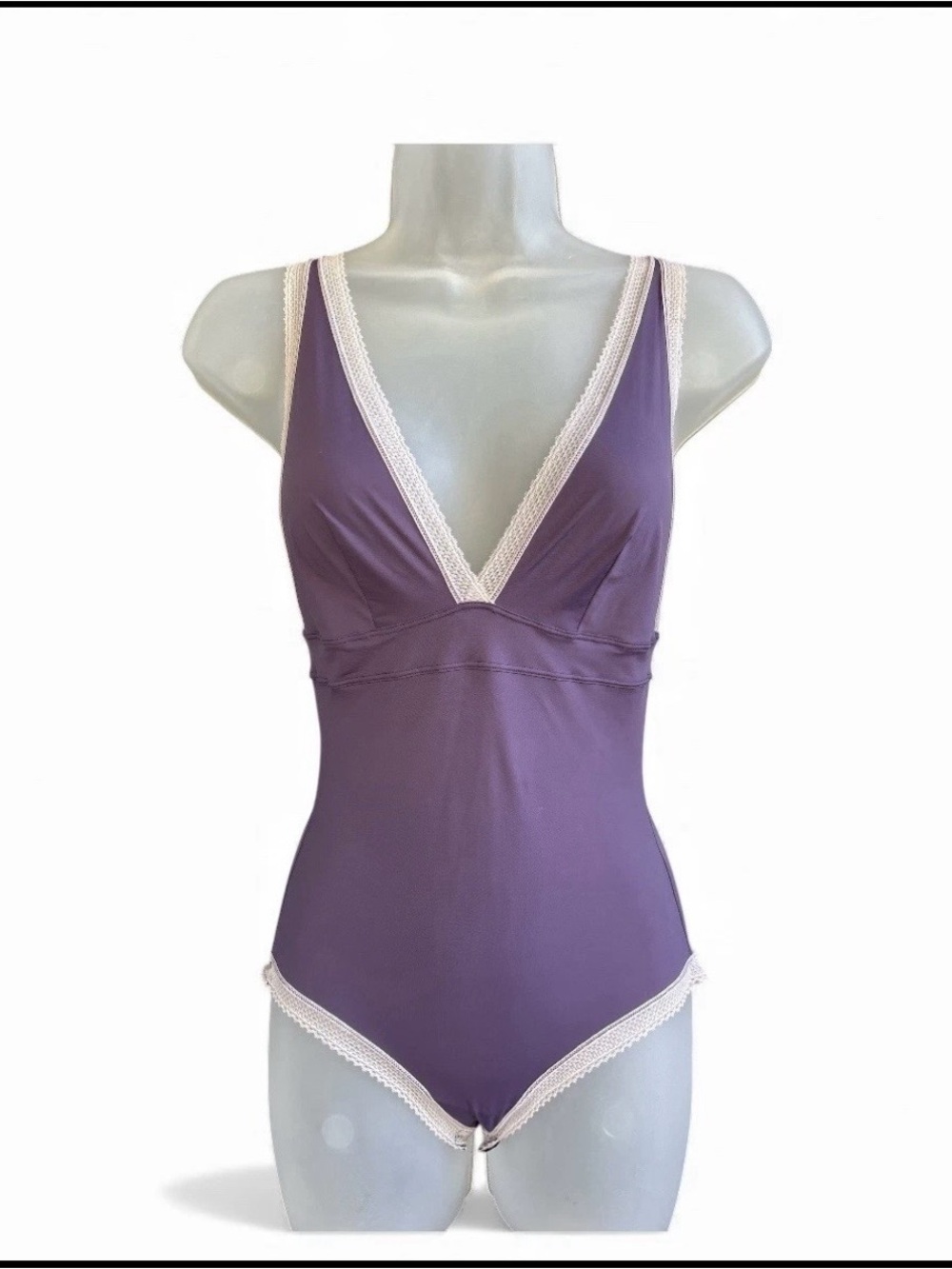 Victoria's Secret Plunge Neck Bodysuit Teddy Small Smooth Satin Purple Lace Trim
